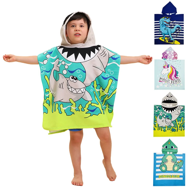 

Cute Design Children Baby Travel Swimming Beach Towel Cape Absorbent Cartoon Printed Hooded Kids Bath Towel Poncho For Boy Girl