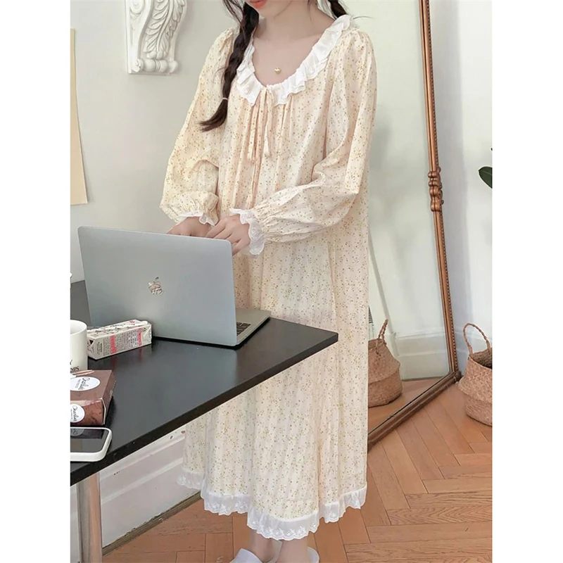 Floral Women Nightgown Korean Style Sleepwear Long Sleeve Night Dress Autumn Lace One Piece Pajamas Home Sleeping Wears New In