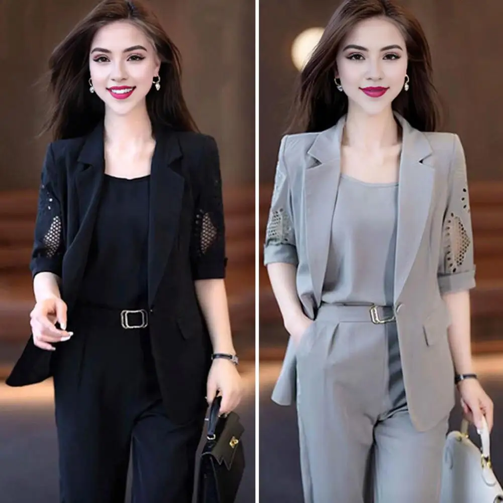 Vest Coat Pants Set Elegant Women\'s Formal Suit Set with Sleeveless Vest High Waist Pants Half Sleeve Lapel Coat for Office Wear