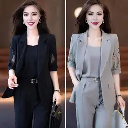 Vest Coat Pants Set Elegant Women's Formal Suit Set with Sleeveless Vest High Waist Pants Half Sleeve Lapel Coat for Office Wear