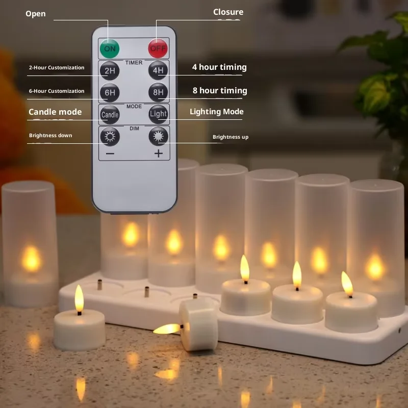 Rechargeable LED Electronic Candle 12 Pack Black Wick Remote Control Flame Effect Tea Lights Atmosphere Decoration