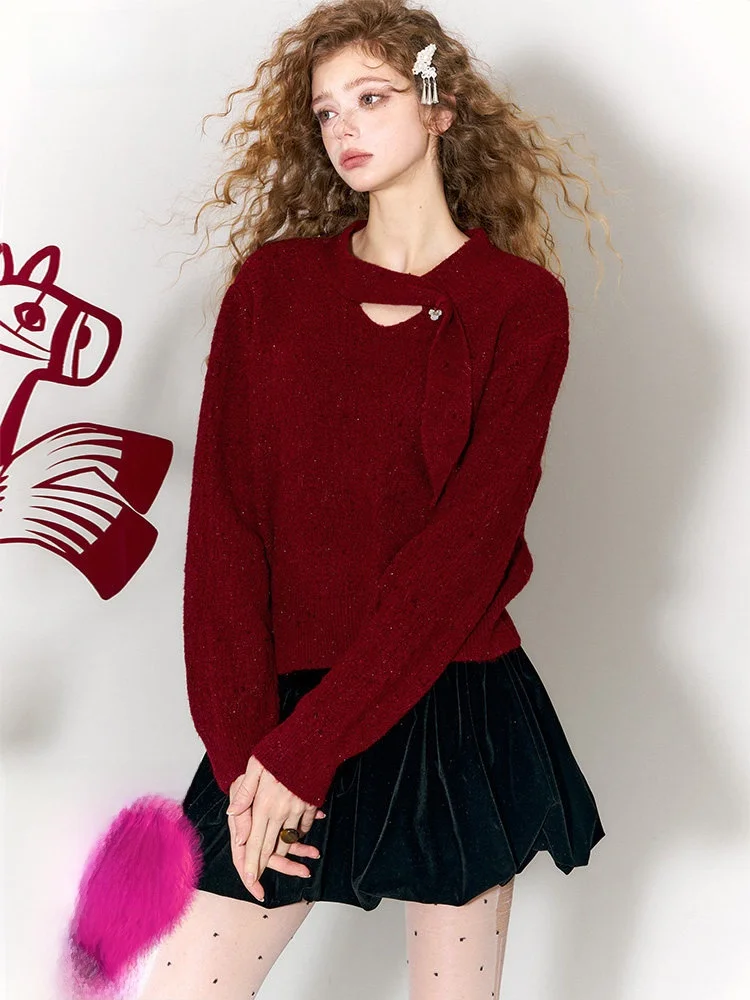 

Elegant Knitted Sweater with Sashes Casual Style Thickened Winter Long Sleeve Loose Fit Women's Top for New Year Party