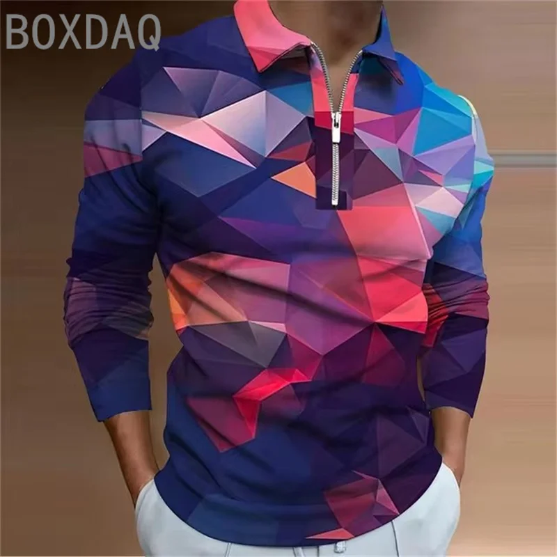 Men's Oversized Polo Shirt 3D Optical Geometric Diamond Pattern Printed Shirt Autumn Long Sleeve Lapel Fashion Design Polo Shirt