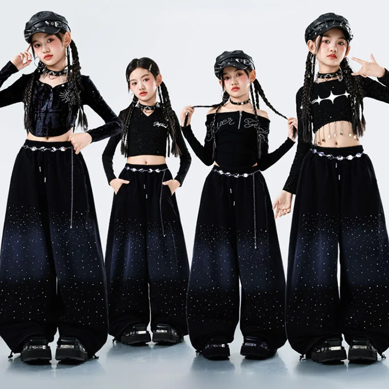 

Kid Kpop Hip Hop Clothing Black Blue Stoned Long Sleeve Crop T Shirt Casual Print Wide Leg Pants for Girl Dance Costumes Clothes
