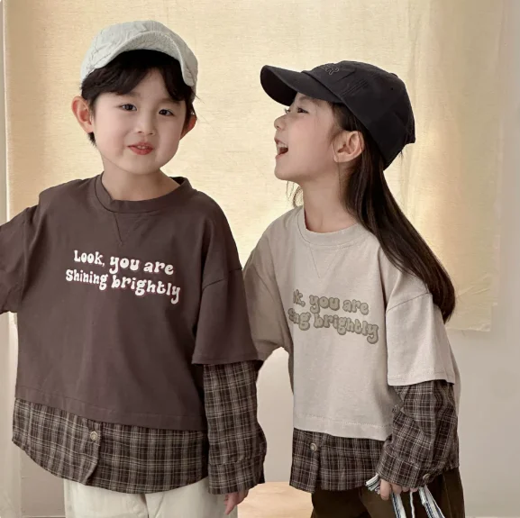 Long-sleeved T-shirt Lapel Fake Two-piece Thin Checkered Pattern Boys Children Spring Autumn Loose Casual Fashionable