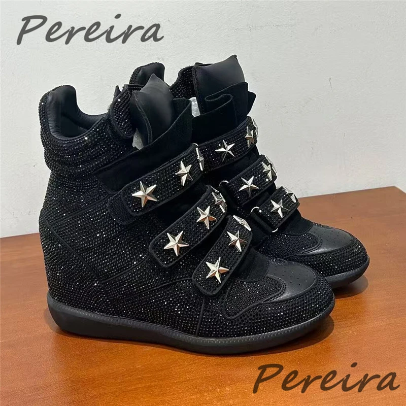 Full Rhinestone Rivet Strap High Top Shoes Couple Causal Sneakers Men's Breathable Inner Height Increase 8CM Wedge Short Boots