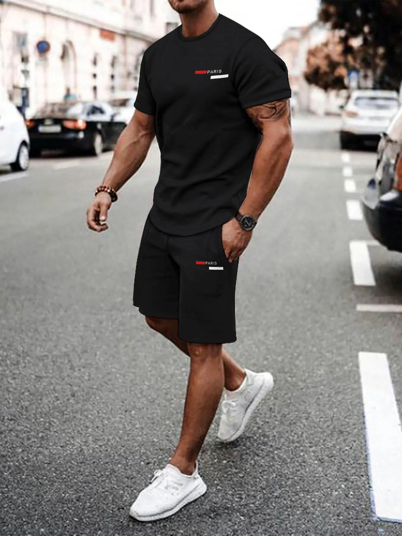 

Men's 2-Piece Paris Print T-Shirt Shorts Set–Casual Summer Tracksuit Breathable Short Sleeve T Black Shorts for Gym Streetwear
