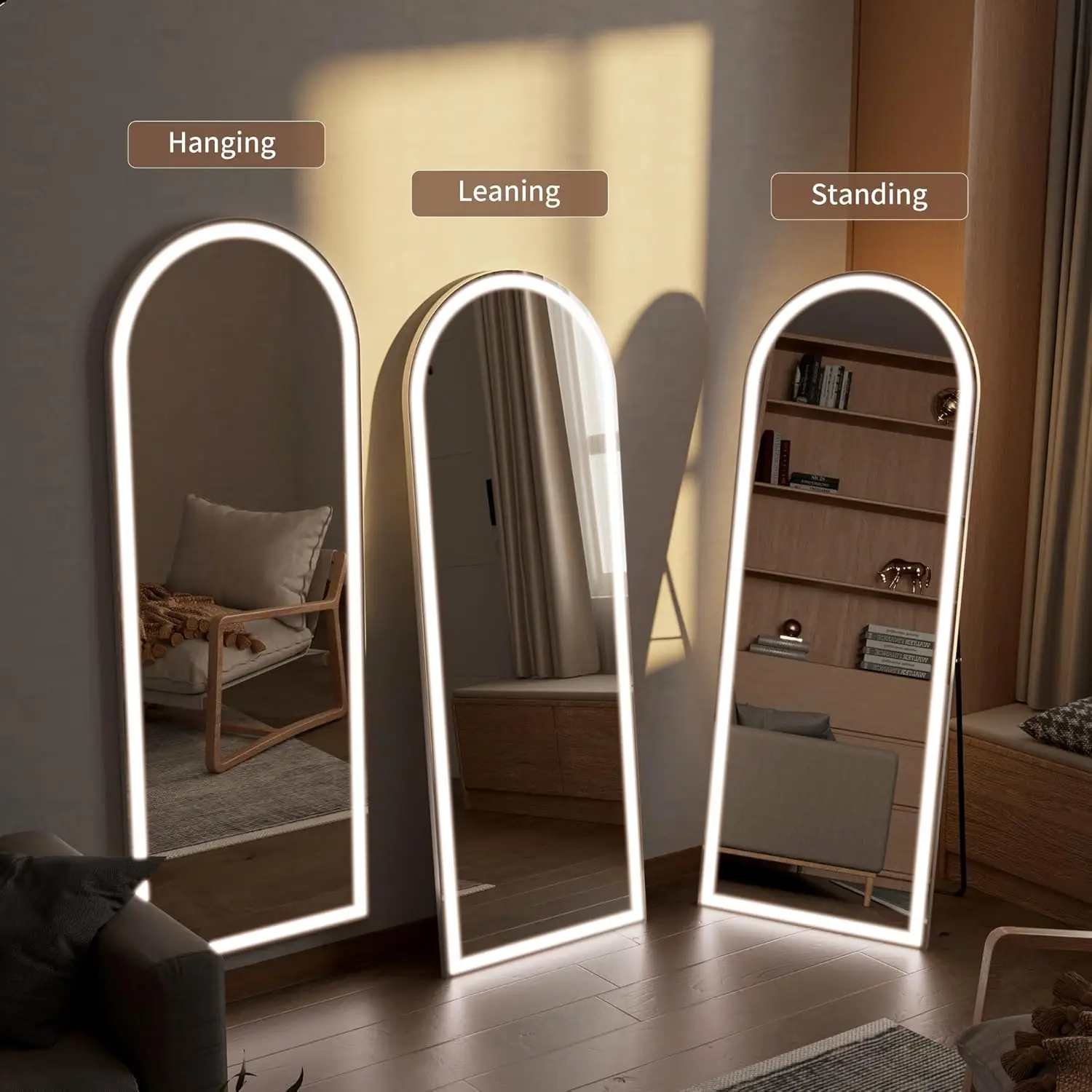 مرآة مقوسة كاملة الطول مع أضواء LED، مرآة أرضية LED مقاس 60 × 16 بوصة مع حامل، مرايا أرضية للجسم مع إضاءة خافتة بثلاثة ألوان
