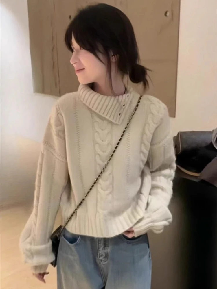 Irregular Fried Dough  Sweater Women 2023 Autumn Winter Soft Waxy Lazy Style Half High Collar Short Knit Backing Top