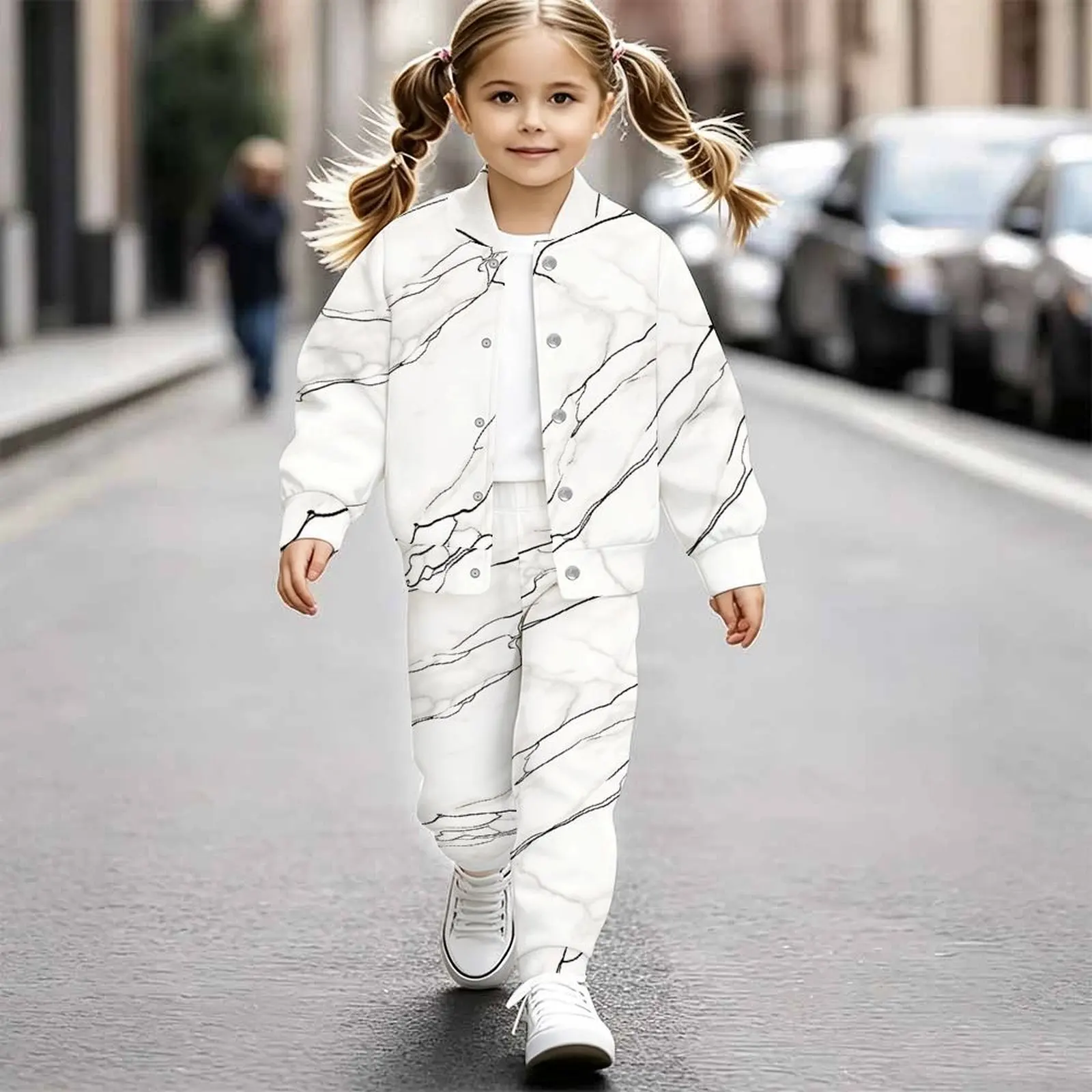 Sweet Girls Print Two Piece Retro Long Sleeve Coat and Long Pants Kids Trend Set for Daily Everyday Party
