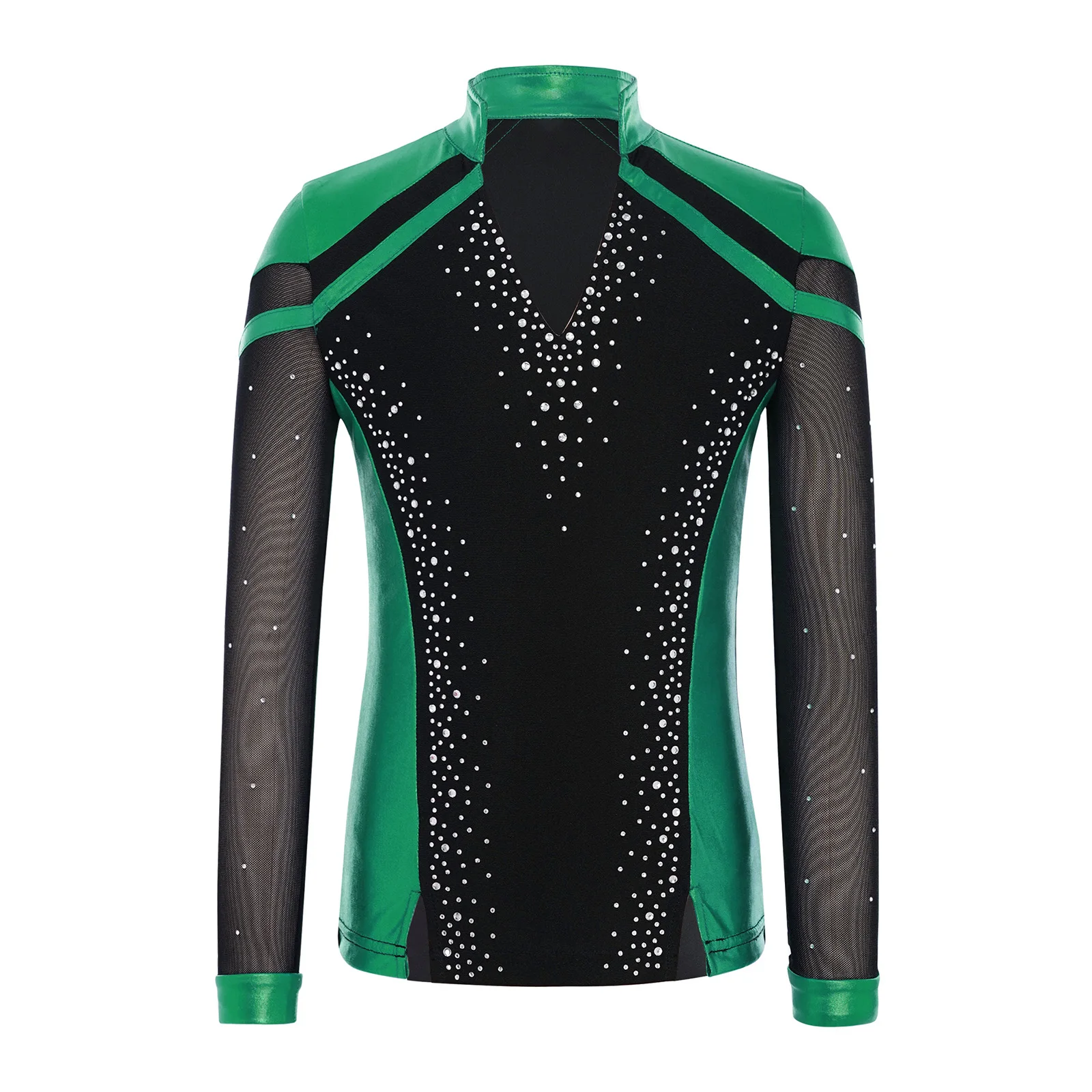 Children Boys Sheer Mesh Long Sleeve Shiny Rhinestones Metallic Figure Skating Dance Tops Training Stage Performance Dancewear