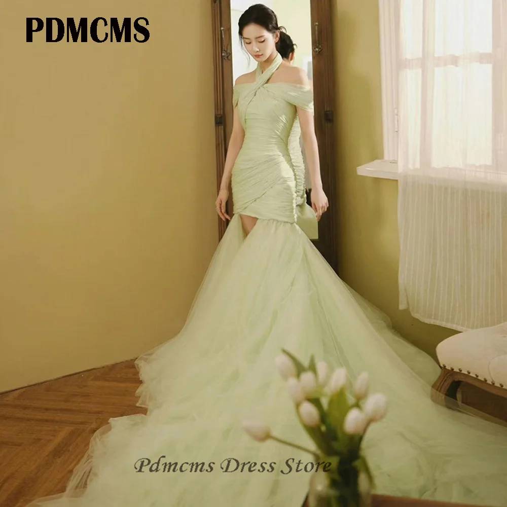 

SSYTENS Mint Green Prom Dresses Off-Shoulder Mermaid Evening Dress Pleats Floor Length Halter Women Formal Occasions Party Gowns