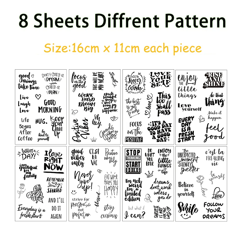 8/16Sheets Black and White English Inspirational Collage Stickers Laptop Guitar Cup Skateboard Sticker Kid Graffiti Decal Toys