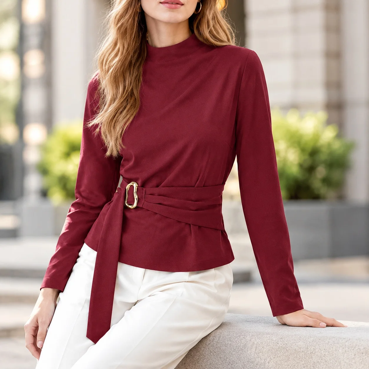 Wrap Detail Long Sleeve Top Regular Length Commuter Chic with Long Sleeve Blouse for Business Small High Neck T Shirts for Women