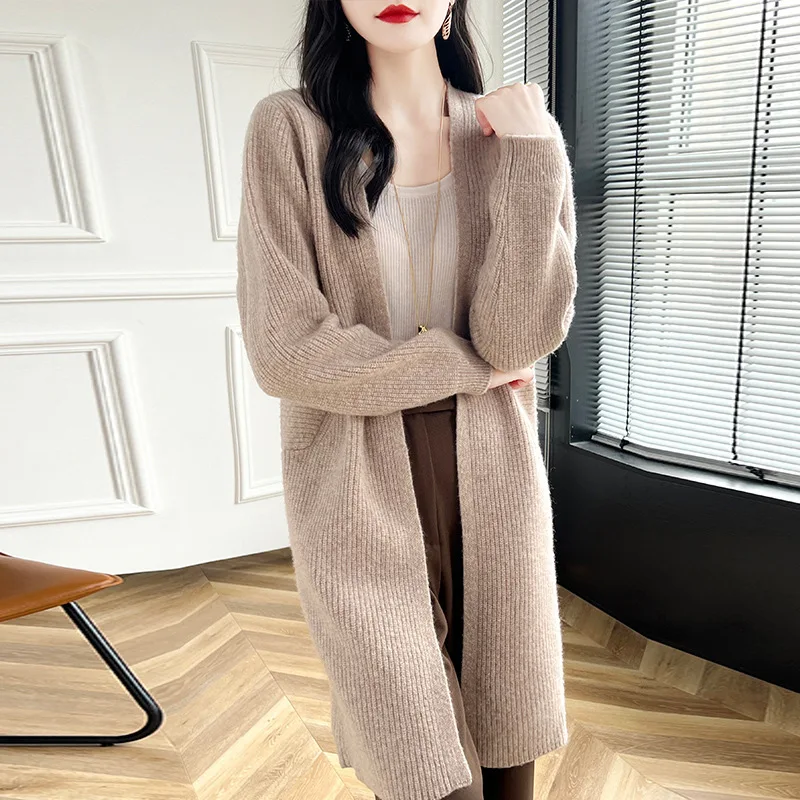 Autumn and Winter 2024 New Striped Wool Cardigan Women's Loose Thread Long Knitted Wool Coat