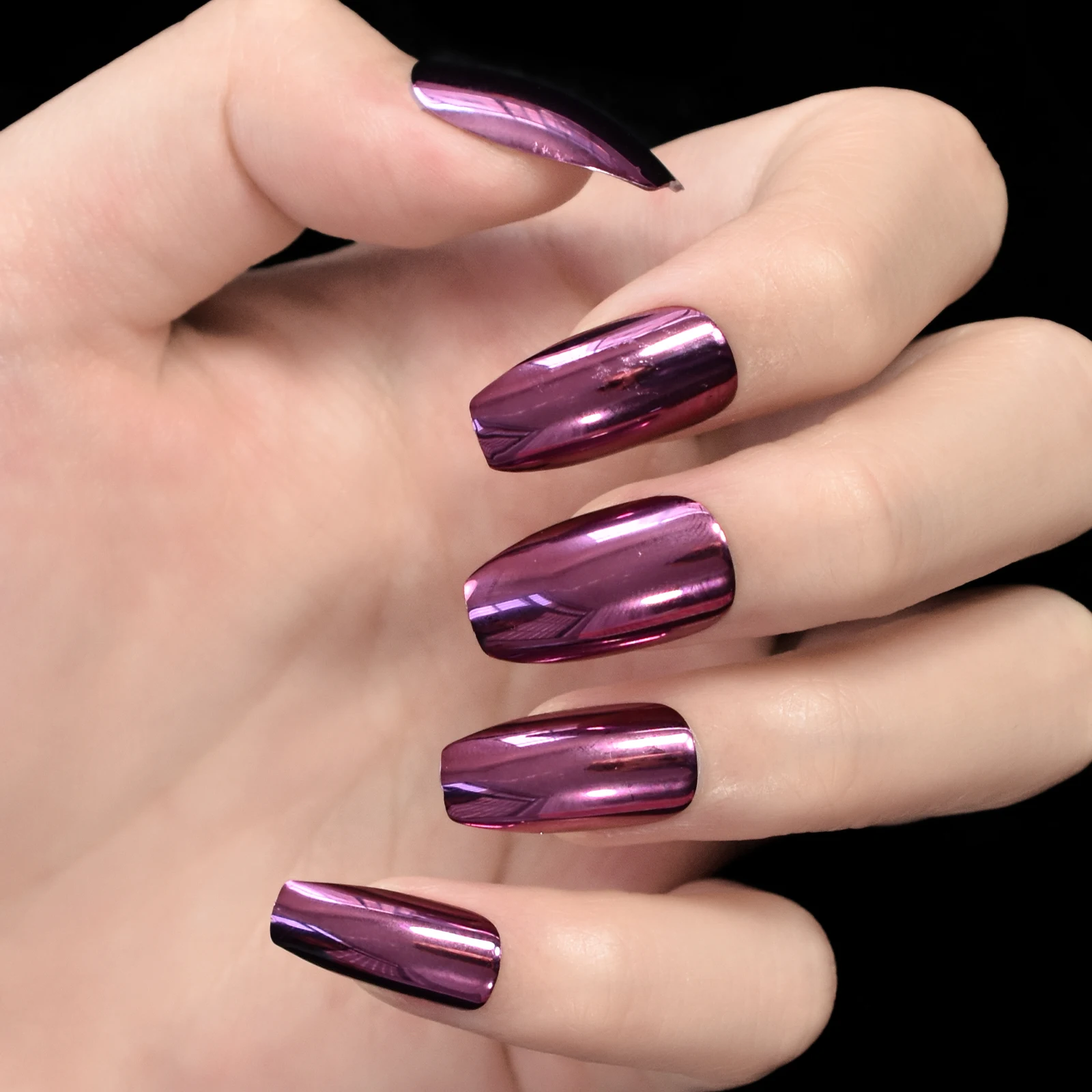 Metal Short Mirror Design Purple Pure Color Coffin Short Fingernails Press On Nails Art Glossy Fake Nails Full Cover With Tabs