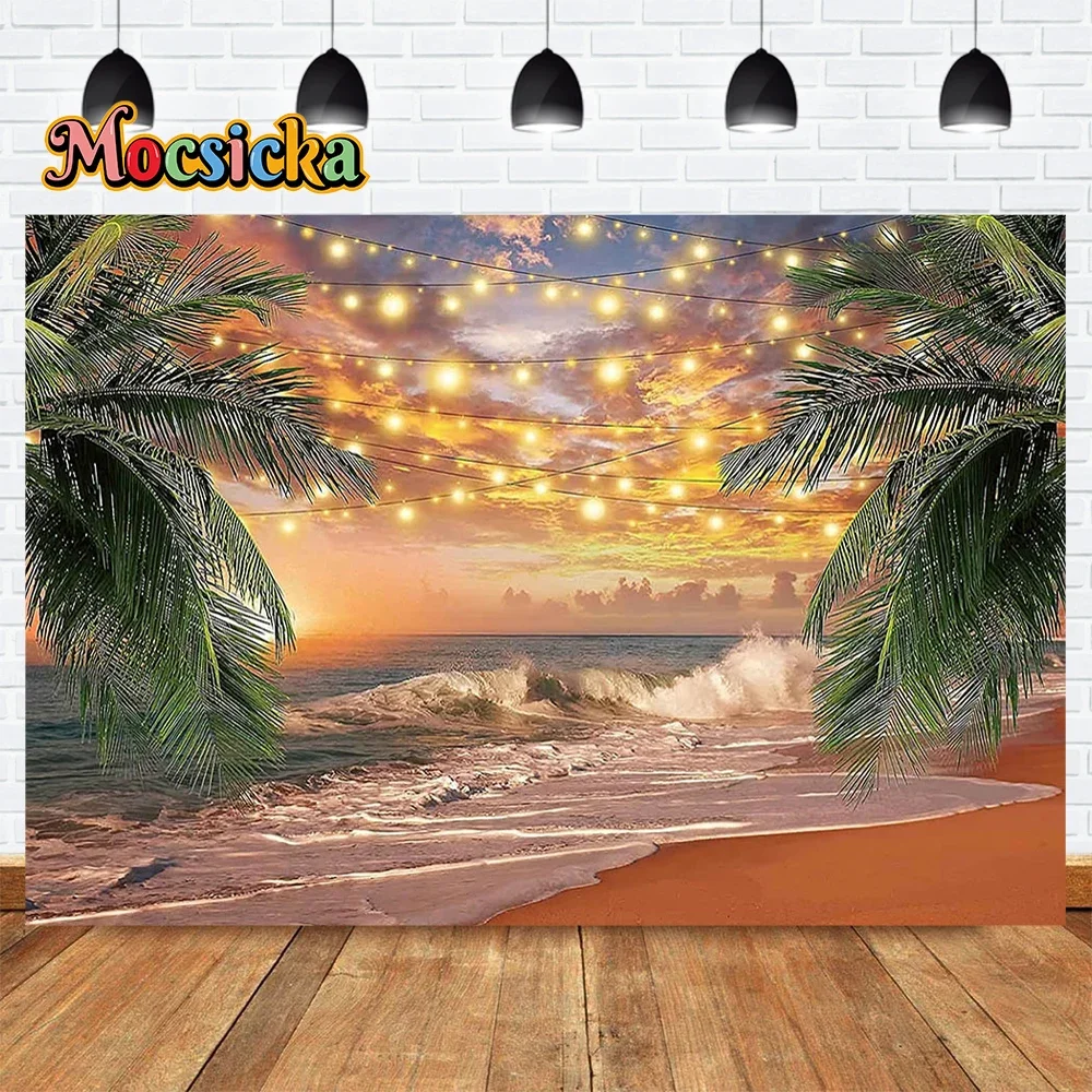 Summer Dusk Beach Birthday Party Photo Banner Palm Tree Photography Background Portrait Backdrop  Banner Studio props