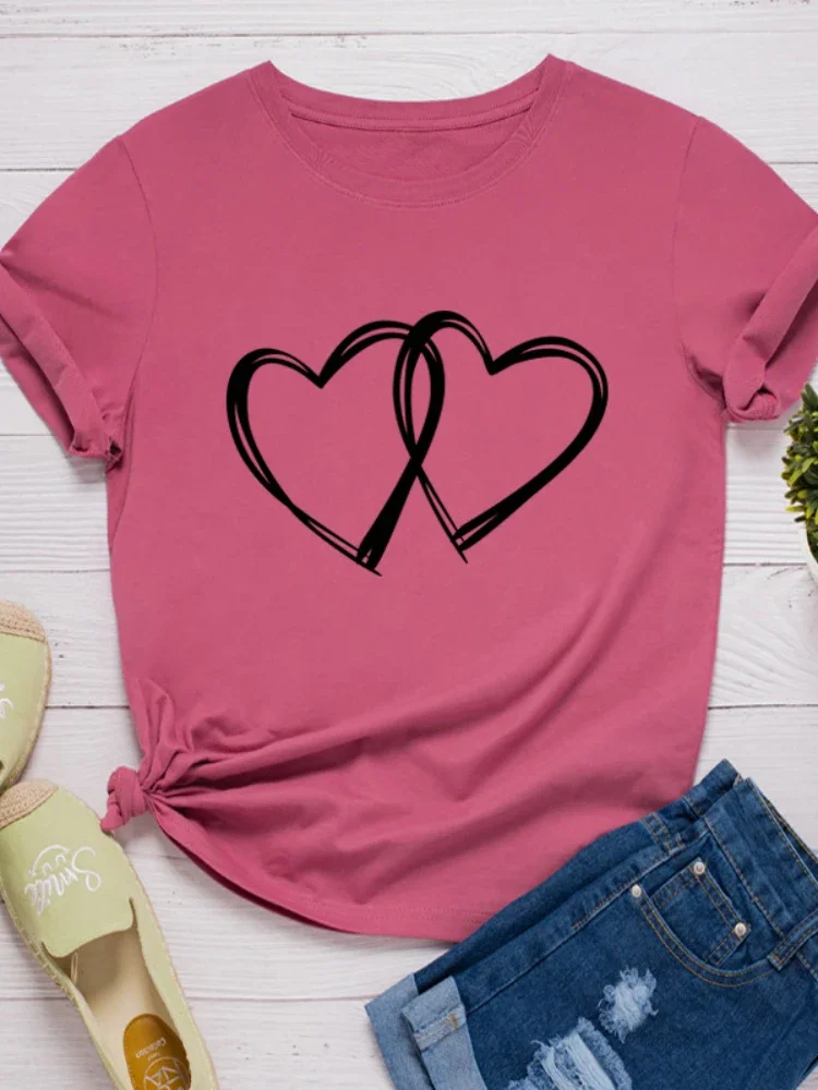 Podwójne serce Nadruk Kobiety T Shirt Krótki rękaw O Szyja Luźne Kobiety Tshirt Moda Damska Tee Shirt Tops Odzież Camisetas Mujer