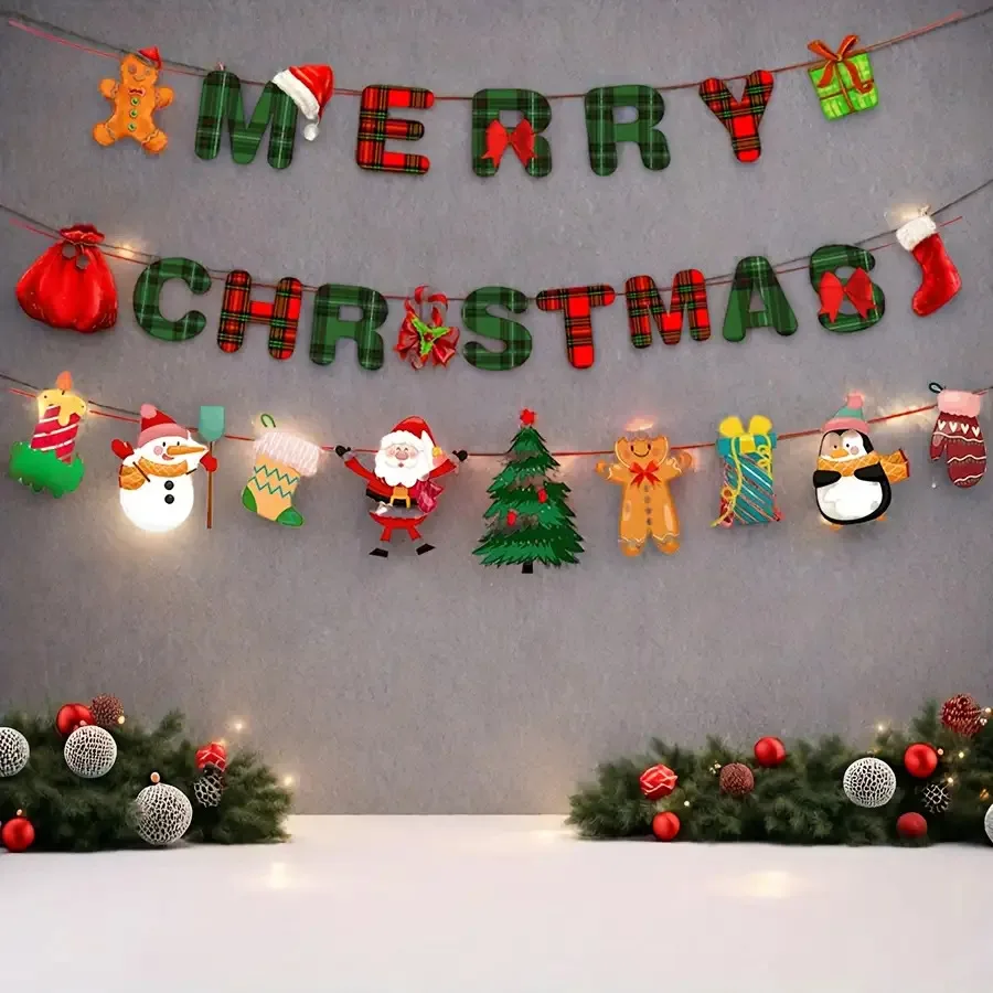 27-teiliges „Merry Christmas“-Girlanden-Set mit karierter Flagge – Weihnachtsdekoration mit Weihnachtsmann, Schneemann und Lebkuchen für Zuhause, Büro und Wand