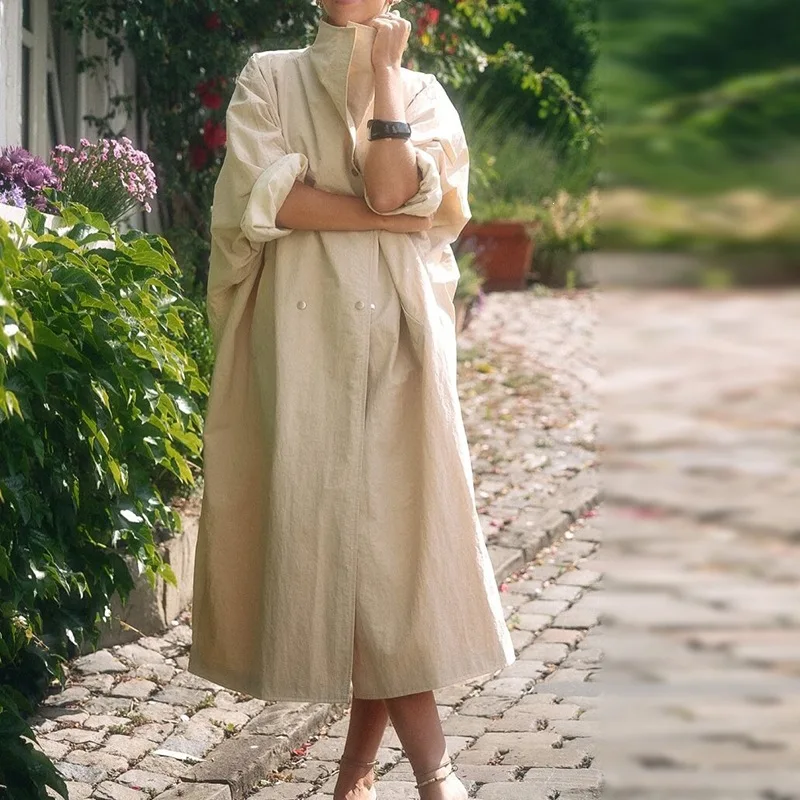 Women Stand‑Collar Loose Slim‑Look Long Trench Coat Long Sleeve Casual Outerwear For Autumn Daily Commuter Street Wear