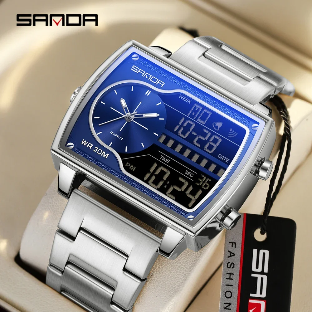 SANDA Luxury Men\'s Quartz Watch Fashion Square Watch Countdown Sports Waterproof Dual Display LED Men\'s Digital Watch 6163