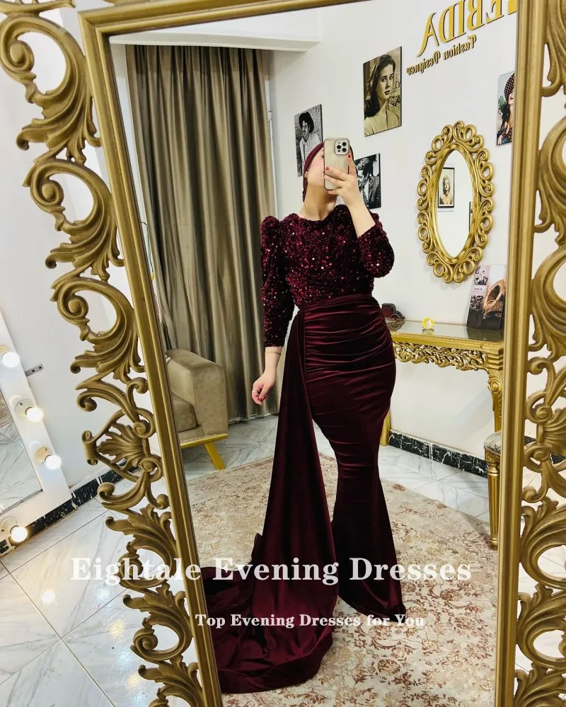 Eightale Evening Dresses Sparkly Velvet Arabic Muslim Celebrity Prom Party Dress Detachable Skirt vestidos de ocasión formales