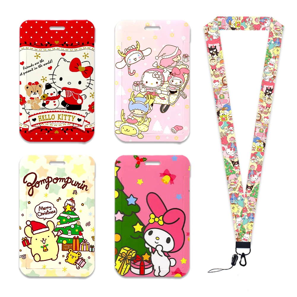 W Cartoon Hello Kitty Sanrio Family Lanyard Keychain Key Badge Mobile Phone Rope Lanyard With Kawaii Card Holder Cover Woman