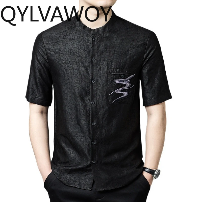 

QYLVAWOY High-end Men's Shirt 100% Real Mulberry Silk Man Shirts Short Sleeve Thin Summer Tops Embroidery Menswear Clothing New