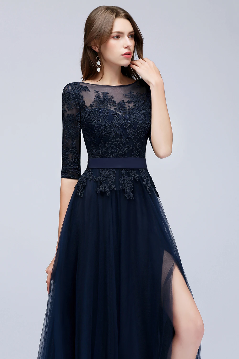 Lace Scoop Neckline Evening Dresses Elegant Half Sleeve Appliques Tulle Formal Party Floor-length Backless With Belt Robe De