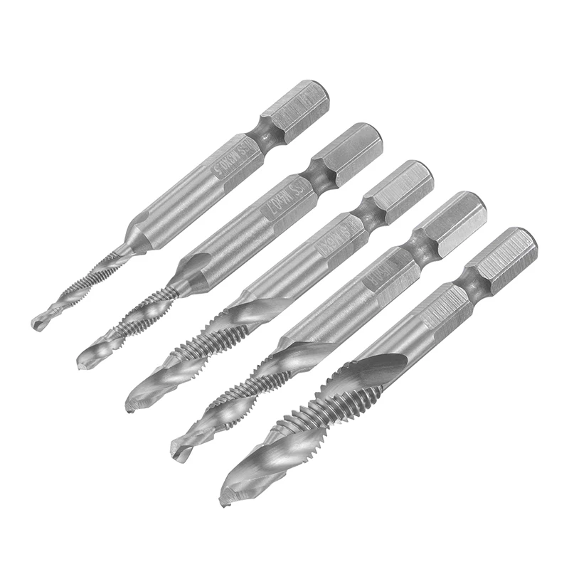 6pcs HSS Spiral Flute Tap Combination Drill and Tap Bit Set M3 M4 M5 M6 M8 M10 with 1/4" Hex Shank Spiral Flute Tapping Tool