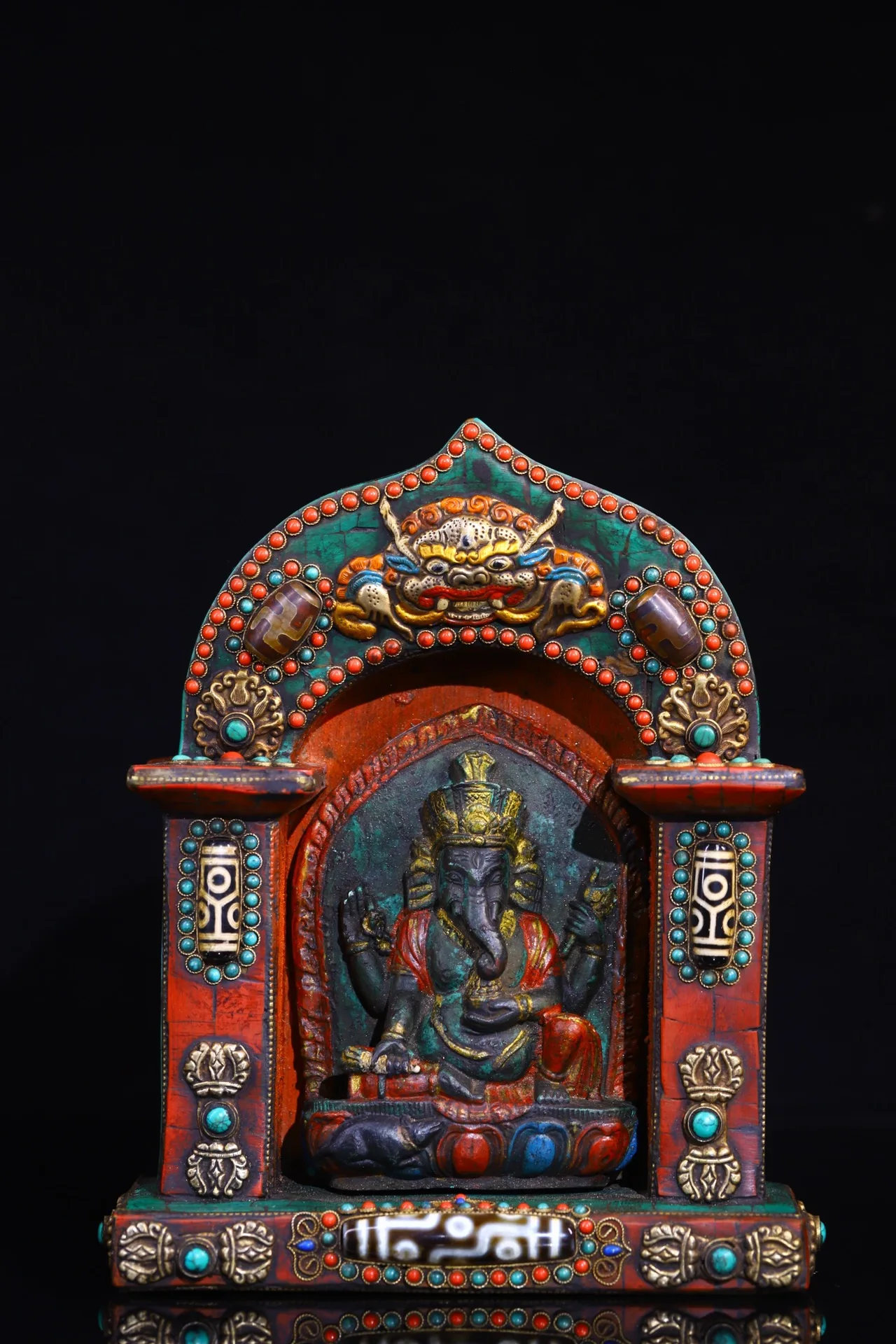 

9"Tibetan Temple Collection Old Bronze Mosaic Gem turquoise Elephant Trunk God of Wealth Ganesha Buddhist Niche Town house