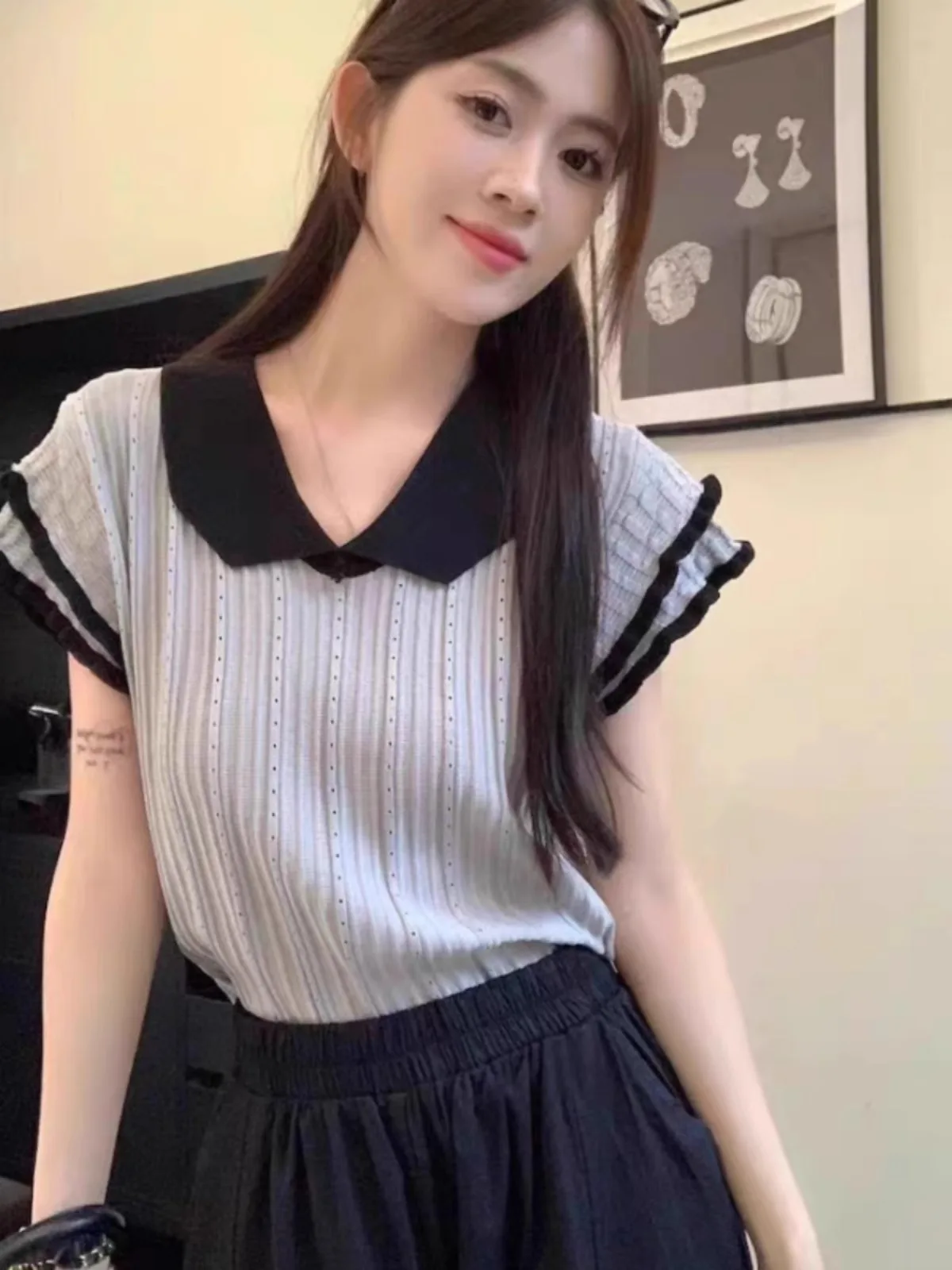 Temperament double fold sleeve lapel hollow knit ice silk short sleeve women's fashion summer loose T-shirt half sleeve top