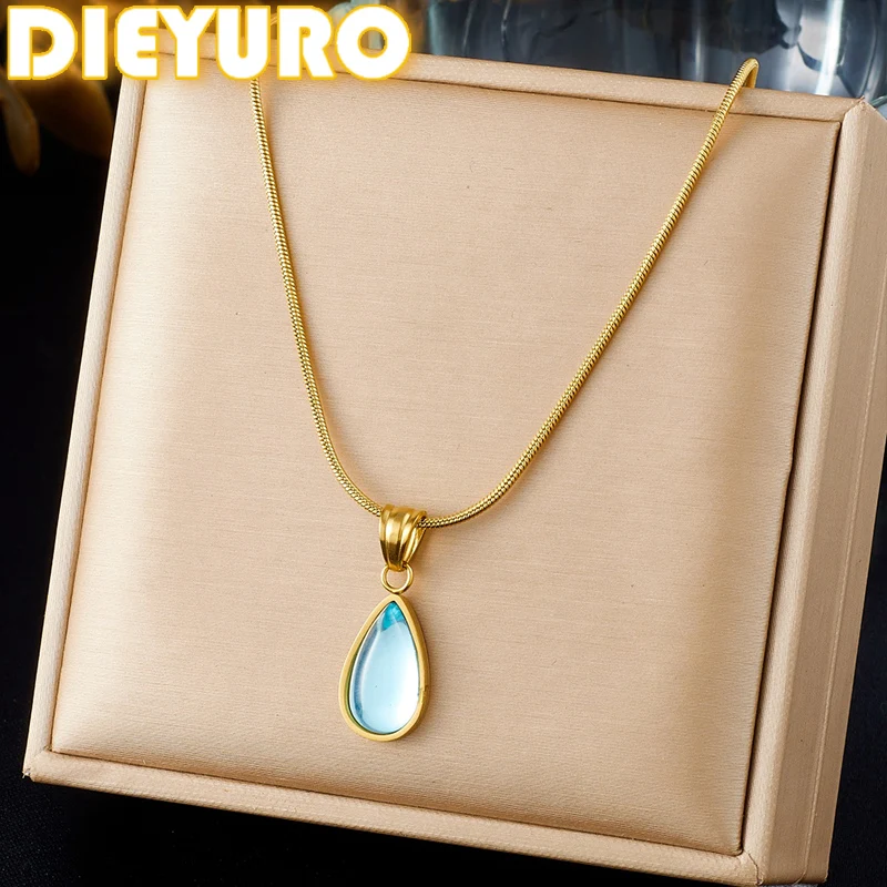 DIEYURO 316L Stainless Steel Light Luxury Clear Blue Water Drop Pendant Necklace Lady Fashion Classic Neck Chain Jewelry Gift