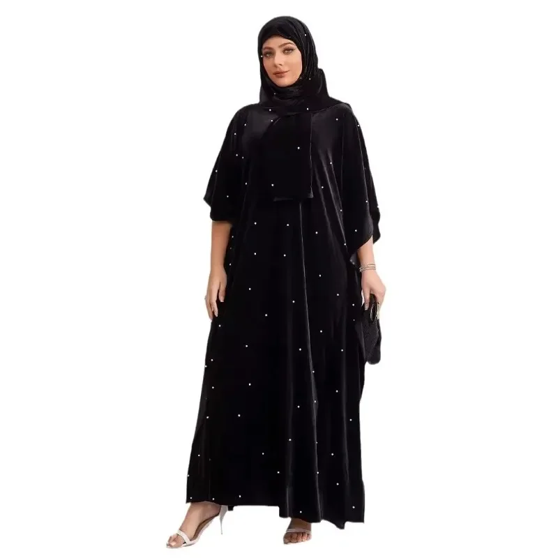 

Plus Size Muslim Dresses for Women Elegant Muslim Women 3/4 Sleeve Velvet Long Maxi Dress Muslim Fashion Abaya Gowns with Hijab