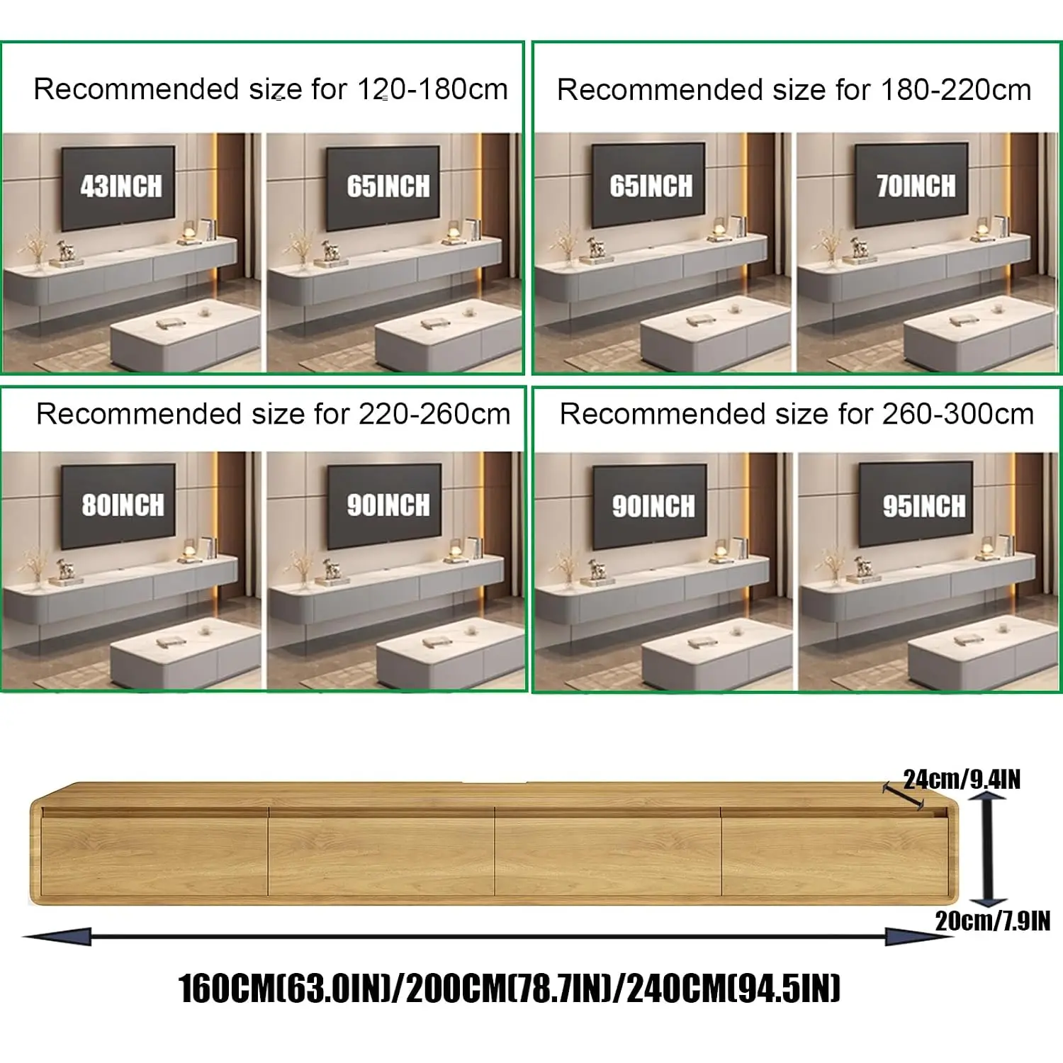 Wall Mounted Floating TV Stand Shelf Cabinet Large Storage Solid Wood Multi Compartment Media Bench 94.5x7.9x9.4 IN, Customized