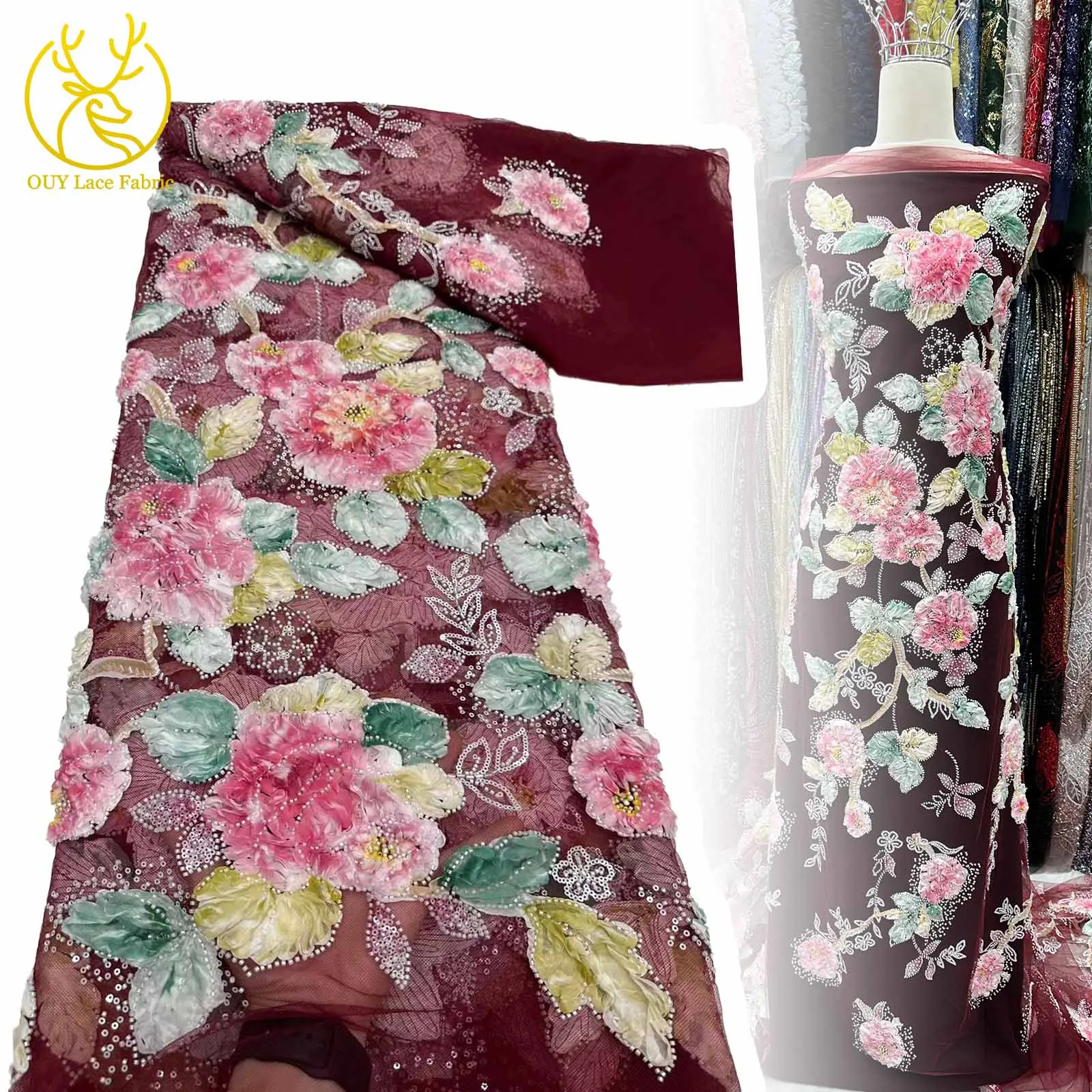 

Latest Luxury French Mesh 3D Flower Beaded Lace Fabric 2025 African Nigerian Sequin Lace Fabric for Wedding Dress Sewing 5 Yards