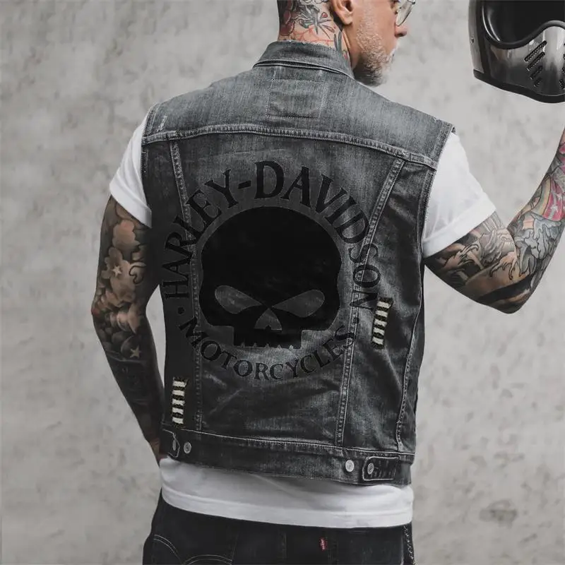 Men's Denim Vest Spring And Autumn New Urban Youth Print Design Leisure Large Size Vest