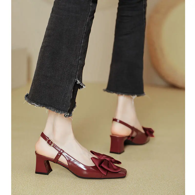 French Bow High Heels Square Headed Back Empty Single Shoes Rough Order Shoes Soft Touch Single Shoes Summer New Shoes