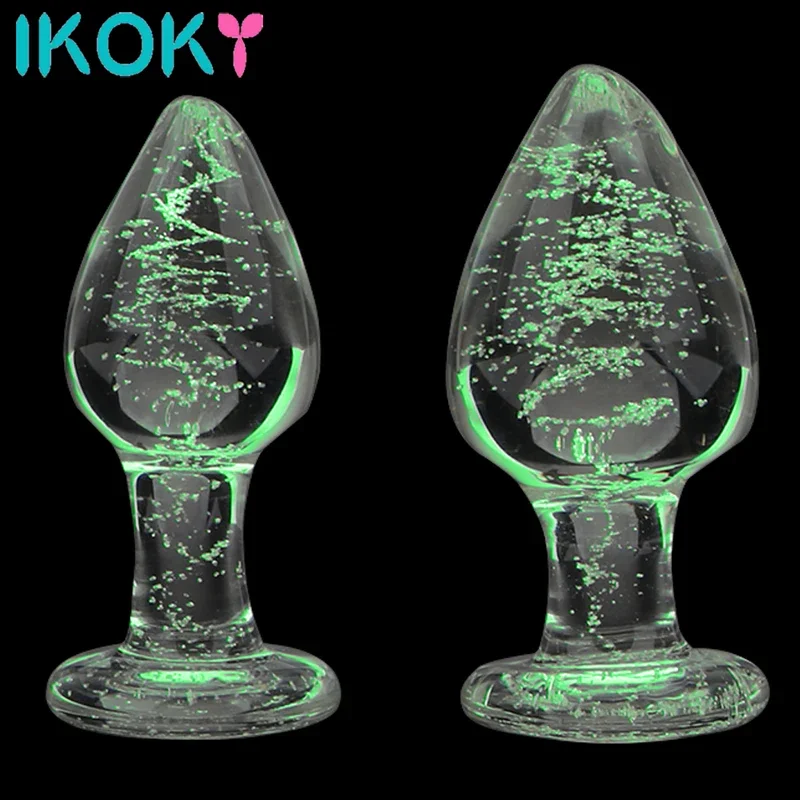 Ikoky luminous glass butt plug for adults erotic toys crystal jewelry anal beads sex shop no vibration