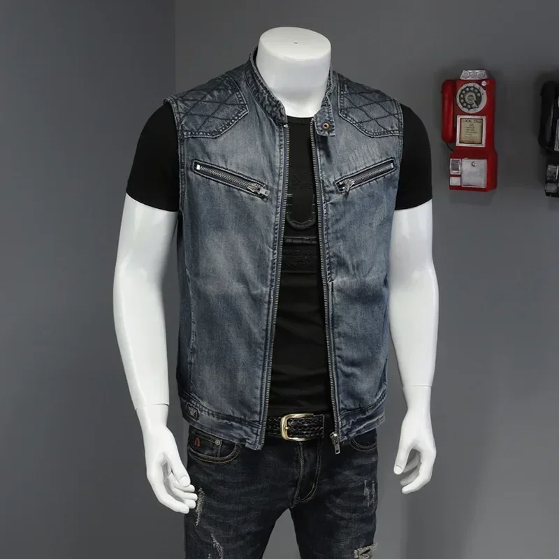 

Spring Autumn New Fashion Men's Casual Trendy Stand Collar Washed Retro Blue Jeans Jacket American High Street Motorcycle Vest