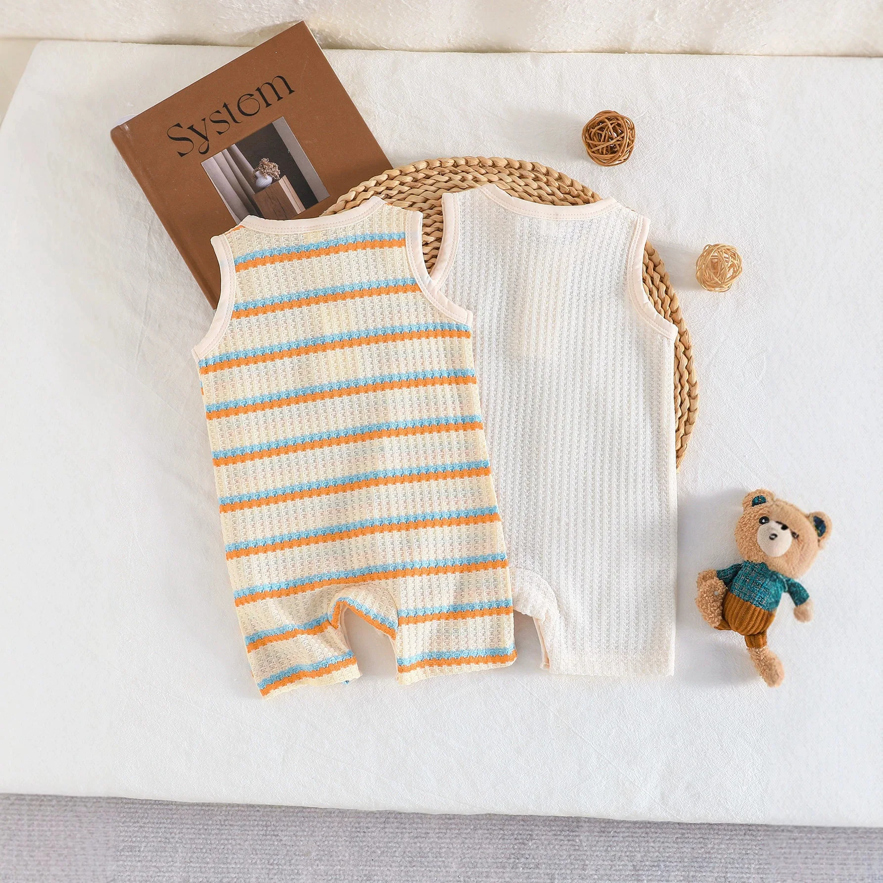 2pcs Infant Baby Waffle Sleeveless Romper Bear Embroidery Jumpsuit Newborn Summer Breathable Home Outfit Daily Playsuit ZYD47