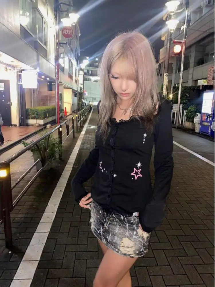 Seeslim Hotsweet Lace Patchwork Print Stars T Shirt Women Clothes Long Sleeve Slim Harajuku Y2k Cardigan Tee Shirt Femme 90s