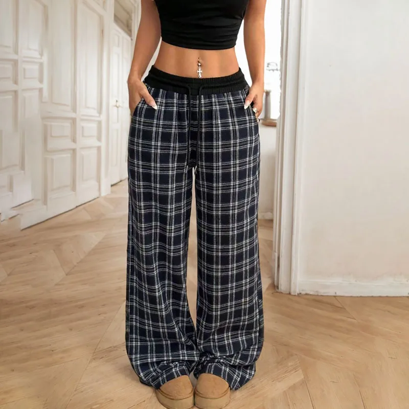กางเกงขายาวทรงหลวมลายสก็อตแห้งเร็วสำหรับผู้หญิง สไตล์ลำลองย้อนยุค สีพื้นเรียบง่าย สไตล์สปอร์ต