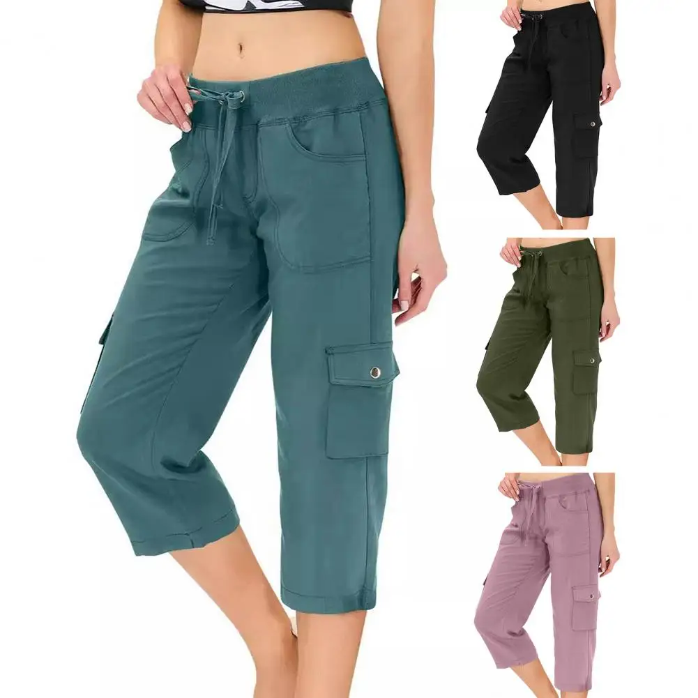 

Casual Fitness Running Pants with Drawstring Seven-Foot Workwear Trousers Patchwork Design Pure Color Pocket High Waist
