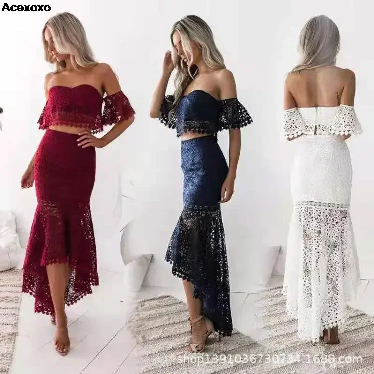 

2023 summer new women's fashion casual solid color one-line shoulder wrap chest bare waist lace irregular skirt