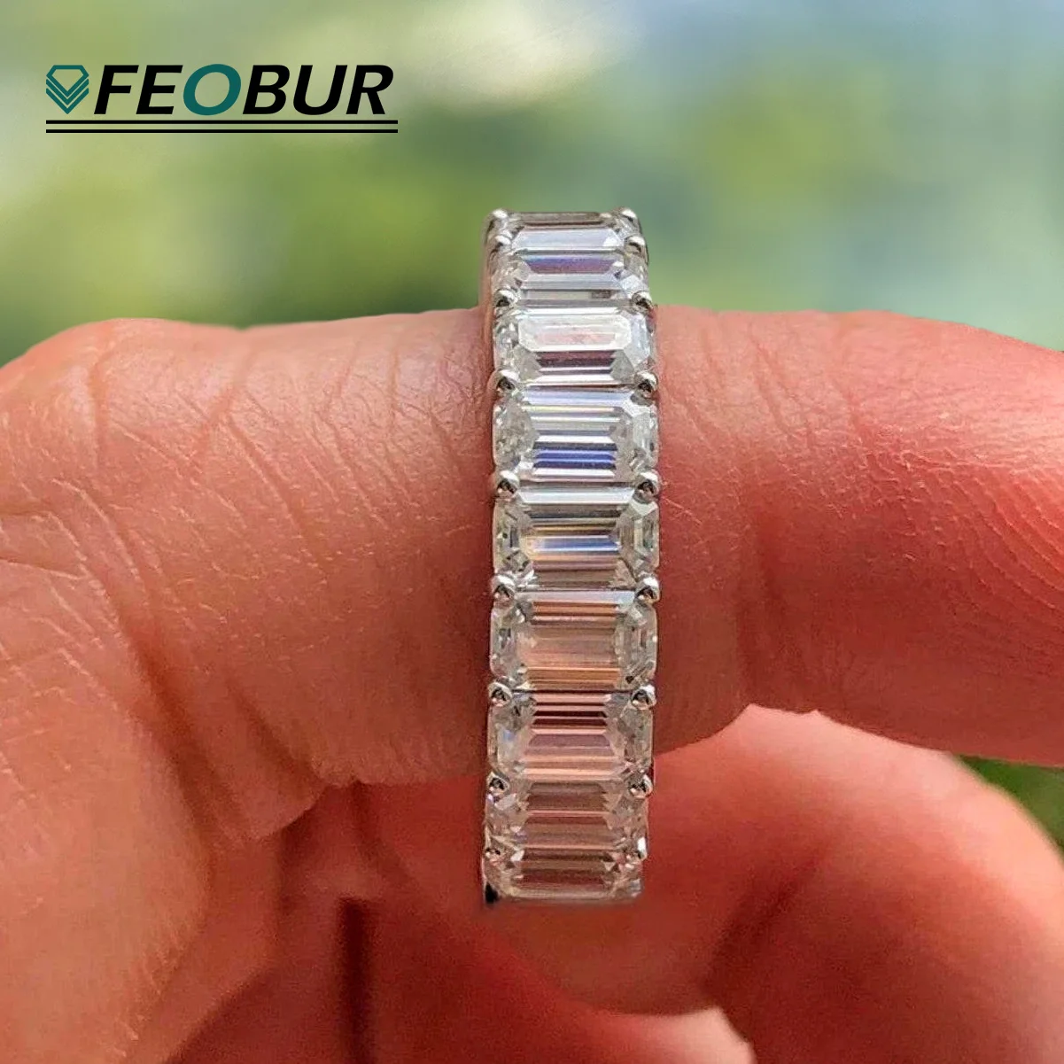 

FEOBUR 2*4mm Emerald Cut All Moissanite Wedding Ring for Women Baguette Lab Diamond Eternity Band 925 Sterling Silver Jewelry