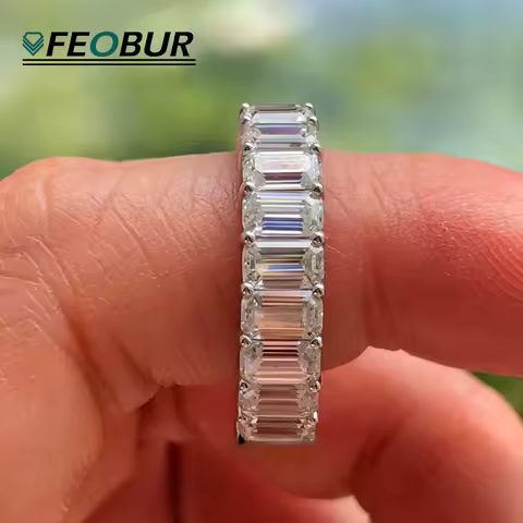 FEOBUR 2*4mm Emerald Cut All Moissanite Wedding Ring for Women Baguette Lab Diamond Eternity Band 925 Sterling Silver Jewelry