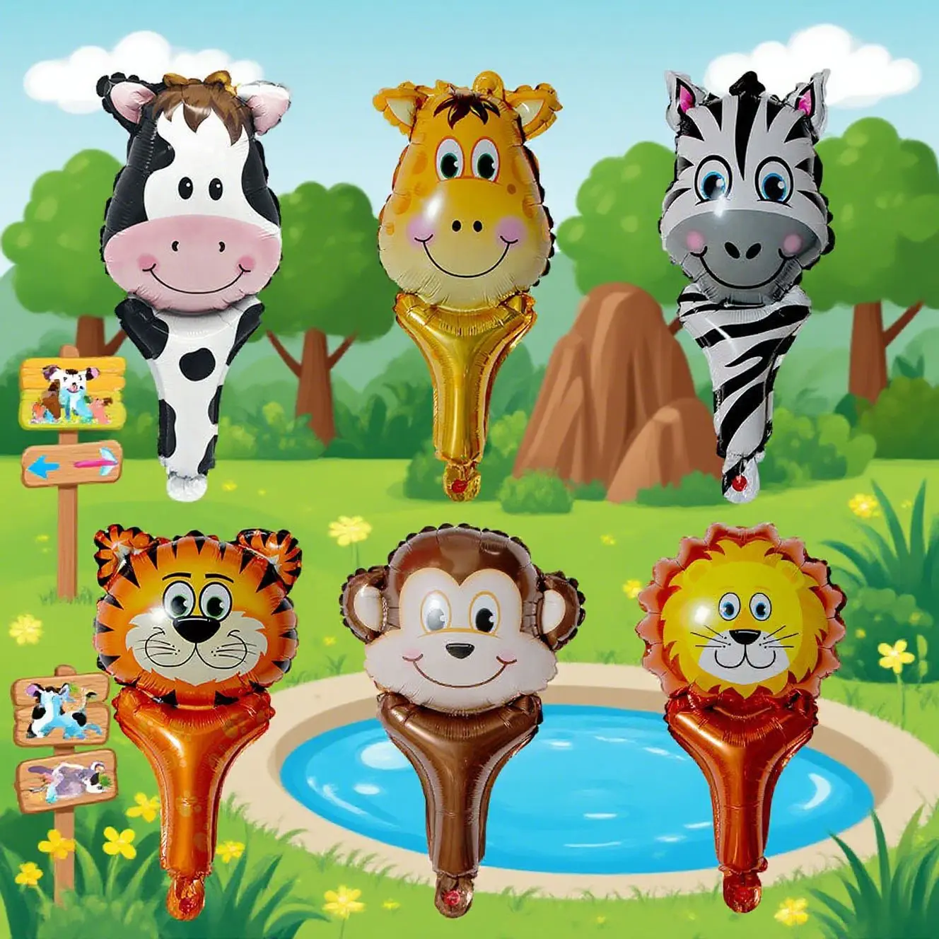 Set de 6 Globos de Aluminio con Forma de Cabeza de Animal, con Palito para Sostener, Tigre, León, Cebra, Selva, para el Día del Niño, Fiesta de Cumpleaños