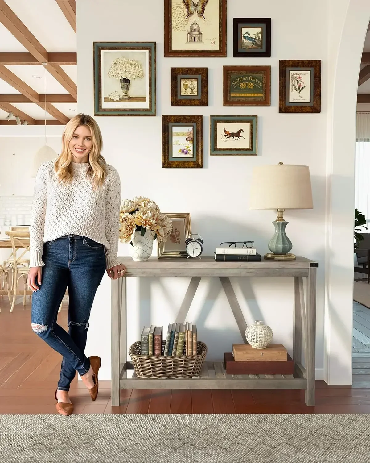 Entryway Table - Wood Console Table with Shelves, Farmhouse Sofa Table for Entryway, Living Room, Hallway, Grey