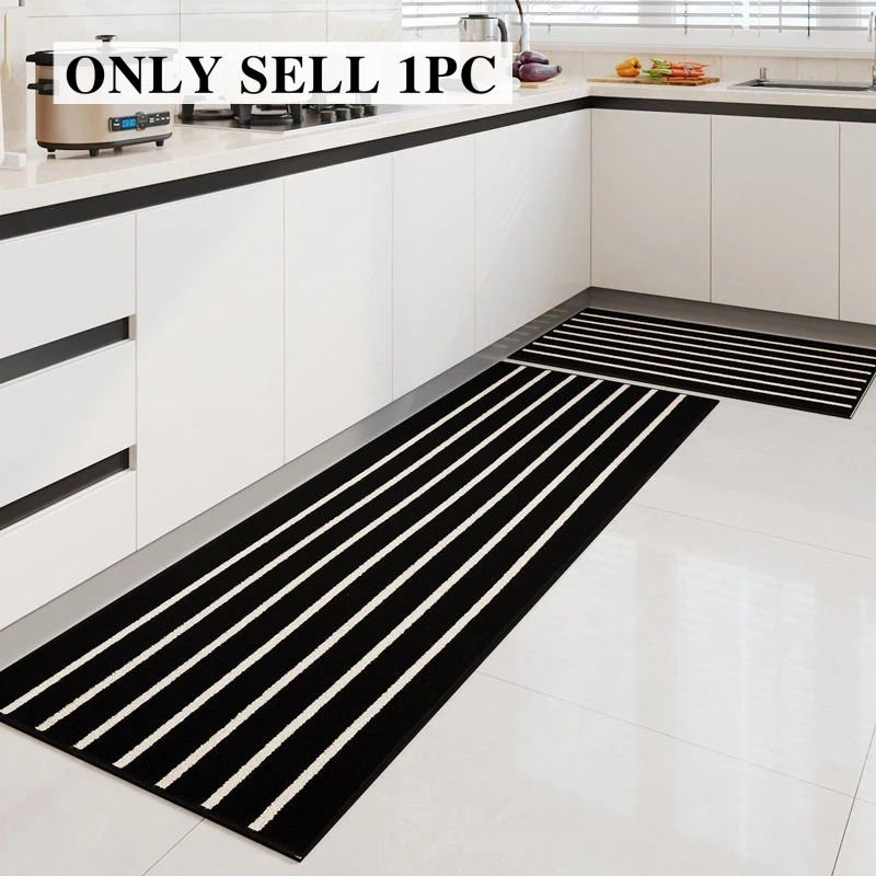 Kitchen Rug Non-slip Stain-resistant Long Floor Mat Loop Pile TPR Carpet Modern Black Striped Foot Mats Home Decoration Carpets